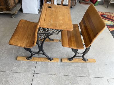 Vintage Cast Iron & Wood School Desk with Attached Chair - Antique Student Furniture