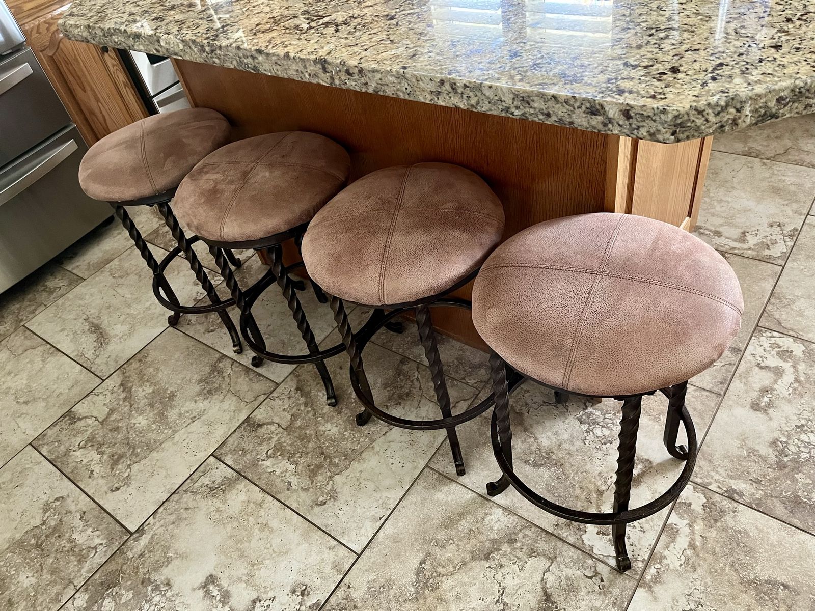 Set of 4 Bar Stools with Brown Microfiber Cushions and Wrought Iron Twisted Legs