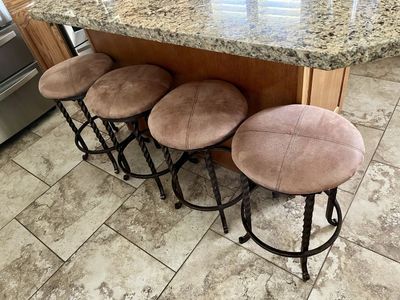 Set of 4 Bar Stools with Brown Microfiber Cushions and Wrought Iron Twisted Legs