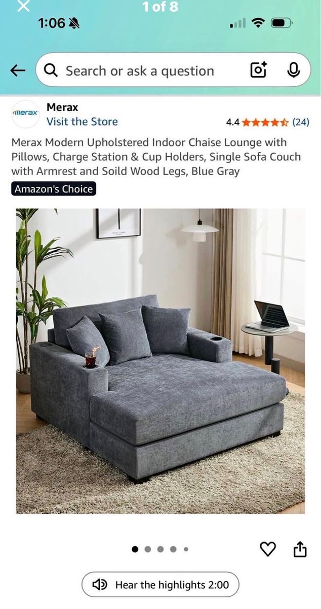 Merax Modern Blue Gray Upholstered Indoor Chaise Lounge with Pillows, Charge Station & Cup Holders