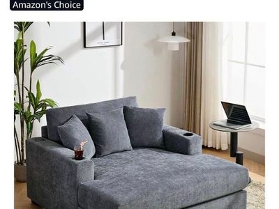 Merax Modern Blue Gray Upholstered Indoor Chaise Lounge with Pillows, Charge Station & Cup Holders