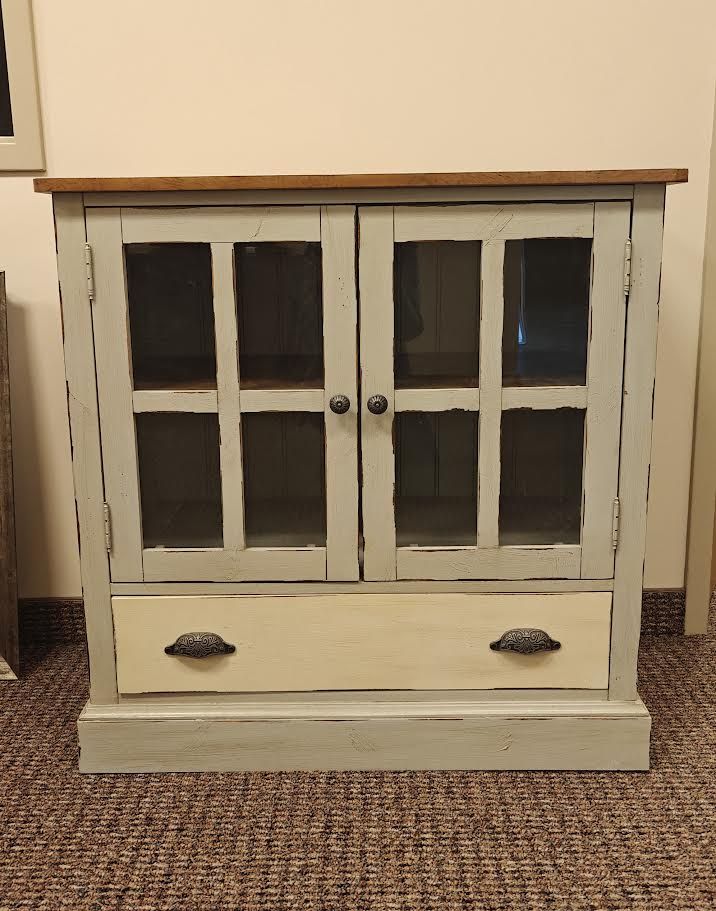 Distressed Glass Cabinet w/ Shelf & Drawer