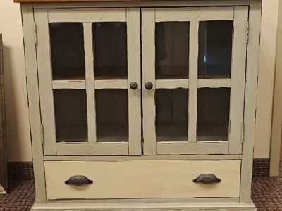 Distressed Glass Cabinet w/ Shelf & Drawer