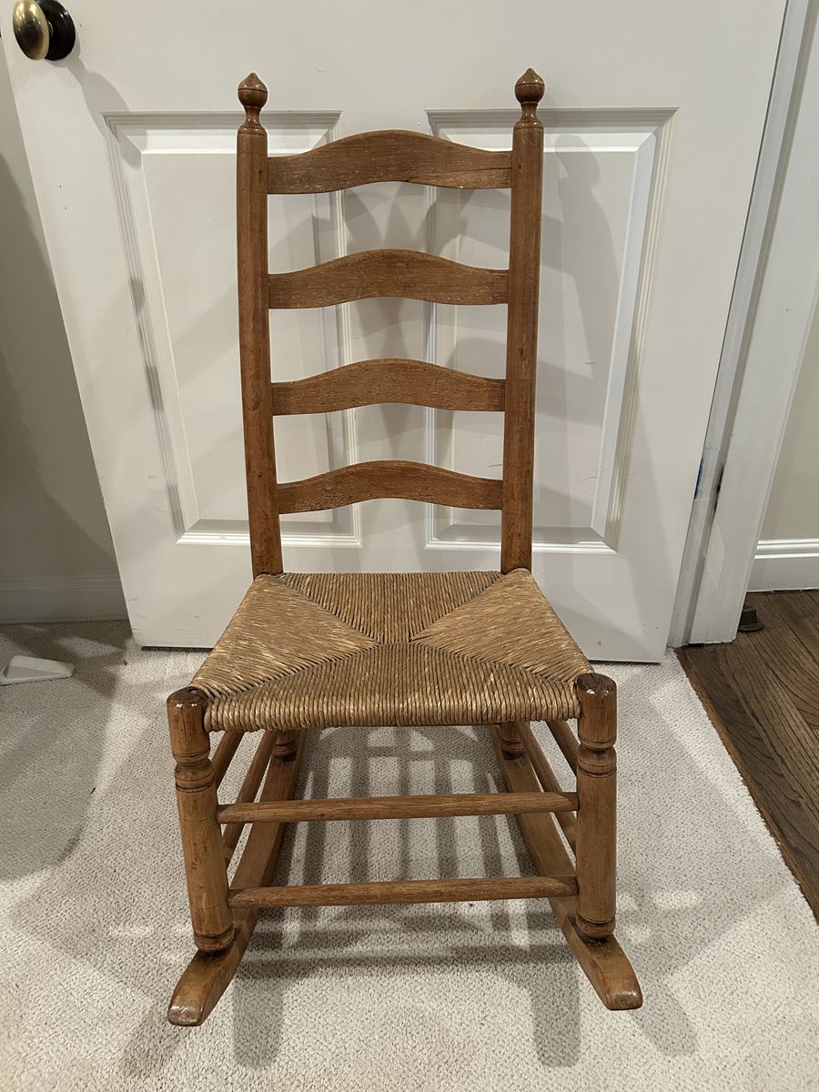 Mid 19th Century Shaker Style Ladder Back Rocking Chair with Rush Seat