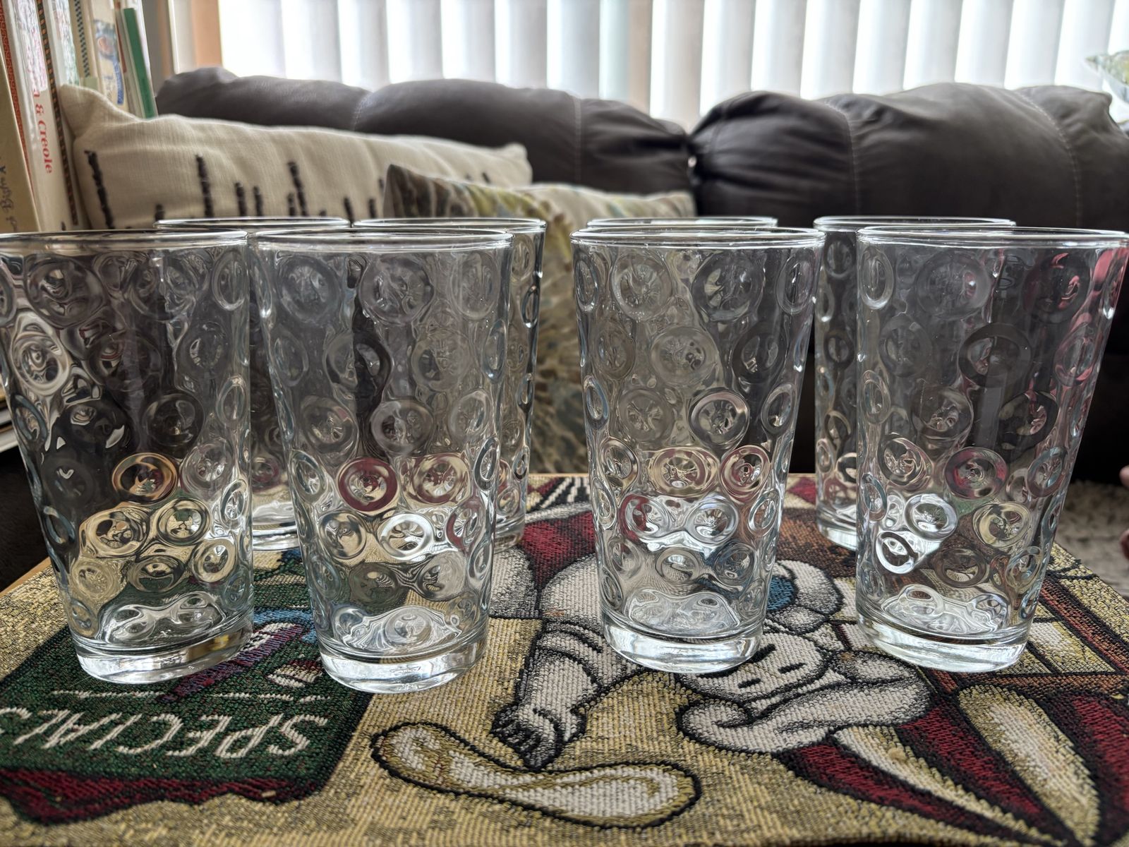 Set of 8 Clear Embossed Circle Glass Tumblers - Water, Juice, Iced Tea Glasses