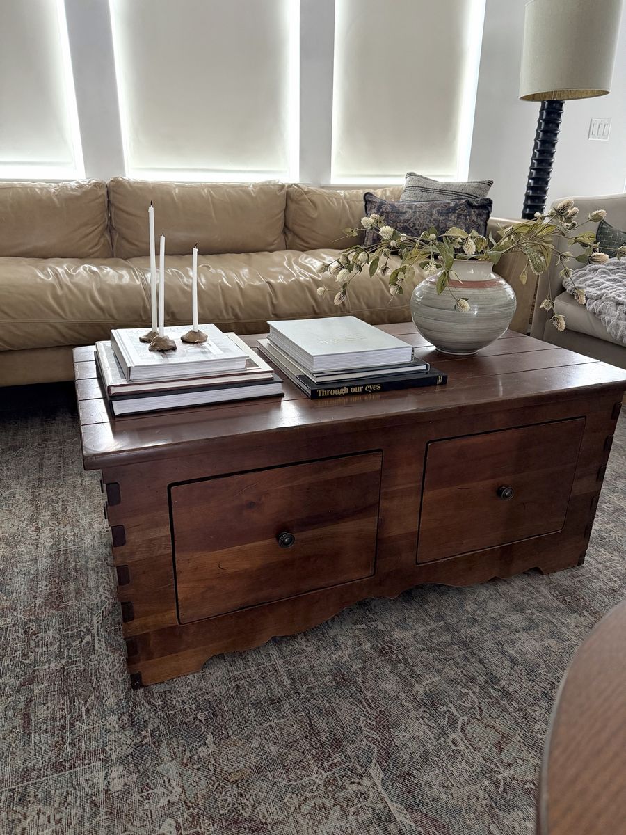 Vintage wood coffee table with inset drawer storage