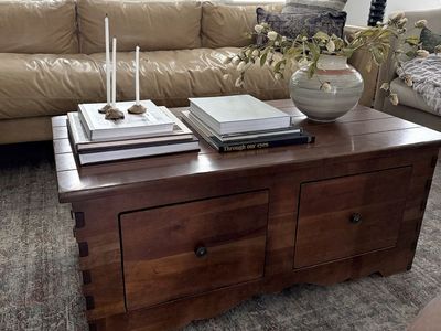 Vintage wood coffee table with inset drawer storage