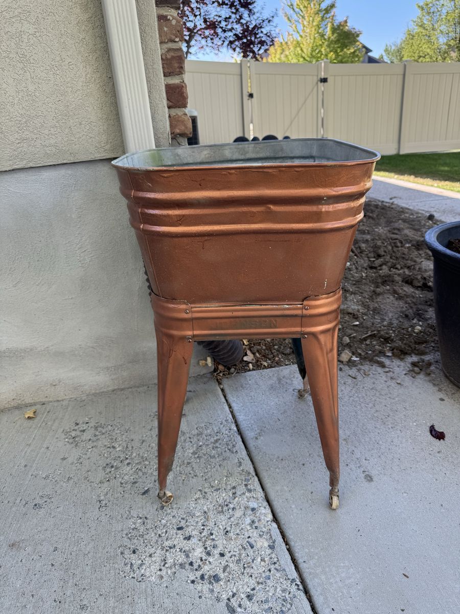 Vintage Johnson Metal Tub Planter with Rolling Stand - Copper & Galvanized