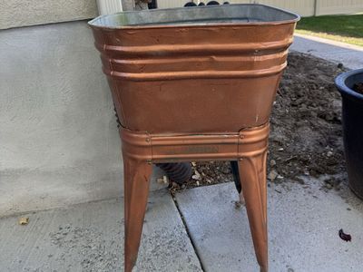 Vintage Johnson Metal Tub Planter with Rolling Stand - Copper & Galvanized