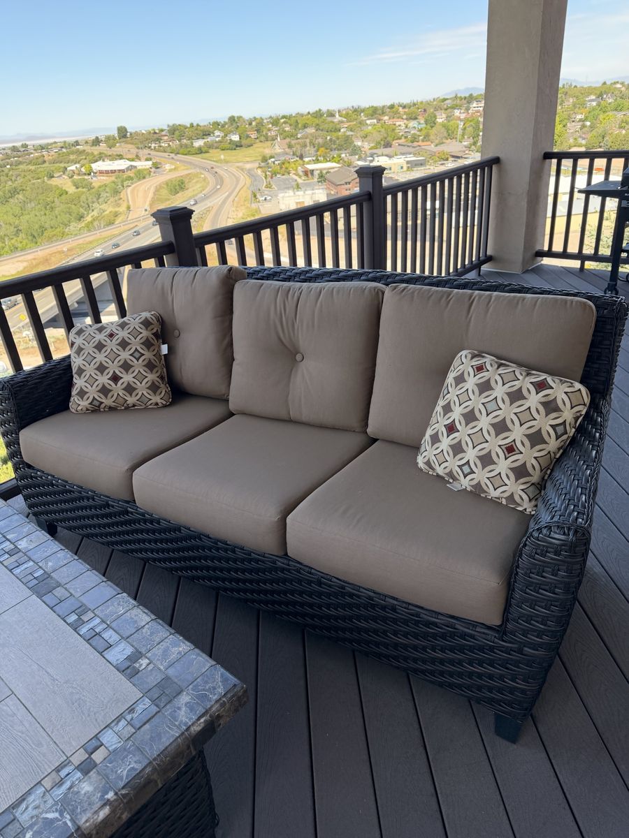 Outdoor Wicker Patio Sofa Couch and chairs with Tan Cushions