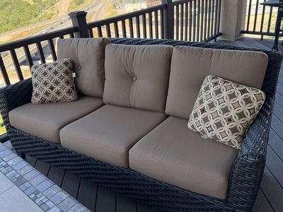 Outdoor Wicker Patio Sofa Couch and chairs with Tan Cushions
