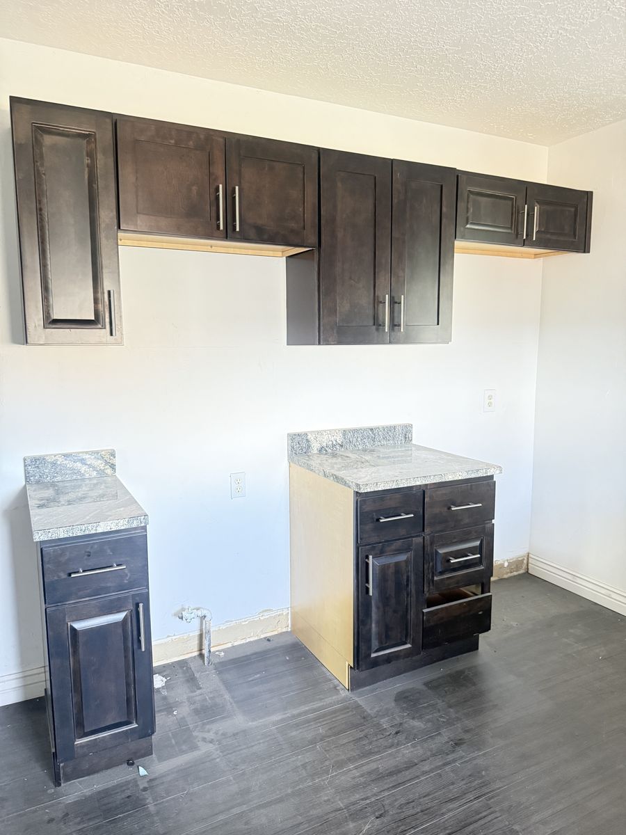 Free cabinets, countertops, desks & fridge. 