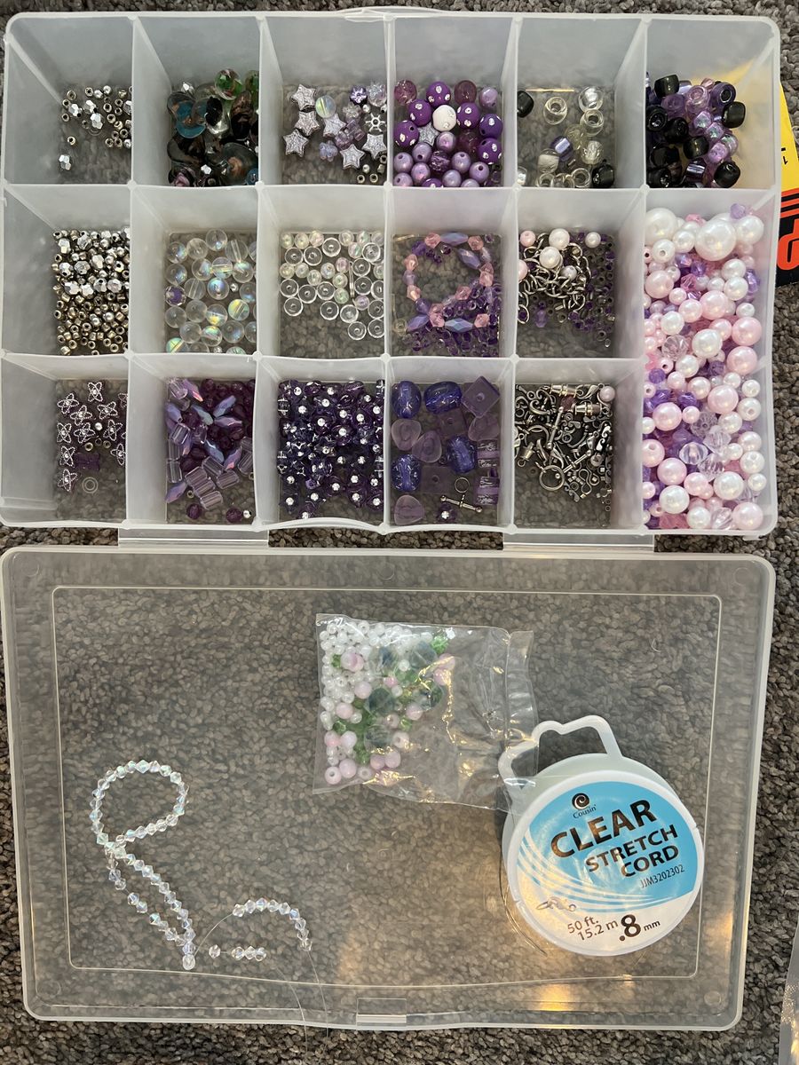 DIY Bead Jewelry Making Kit - Mixed Purple & Silver Beads, Clear Stretch Cord, Storage Box