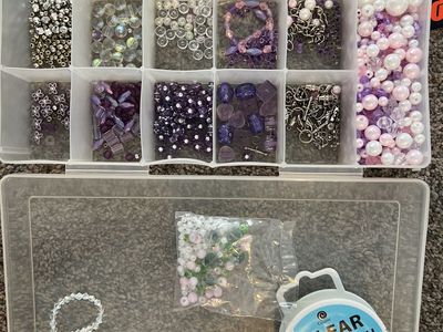 DIY Bead Jewelry Making Kit - Mixed Purple & Silver Beads, Clear Stretch Cord, Storage Box
