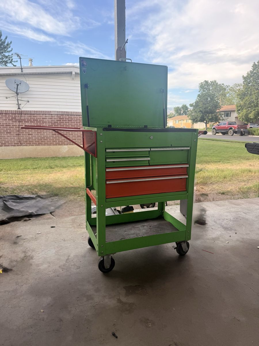 Rolling Tool Box Cart - Green & Orange Storage with Multiple Drawers and Wheels