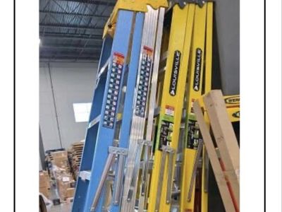 Werner & Louisville 8 ft Fiberglass Step Ladders - Set of 2, Yellow & Blue, Good Condition