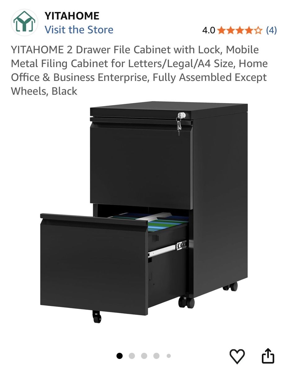 YITAHOME 2-Drawer Mobile Metal File Cabinet with Lock - Black, for Letter/Legal/A4 Files