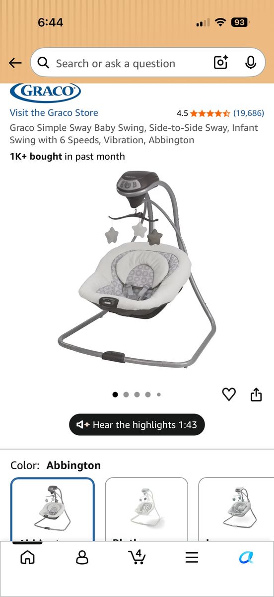 Graco Simple Sway Baby Swing - Side-to-Side Sway Infant Swing
