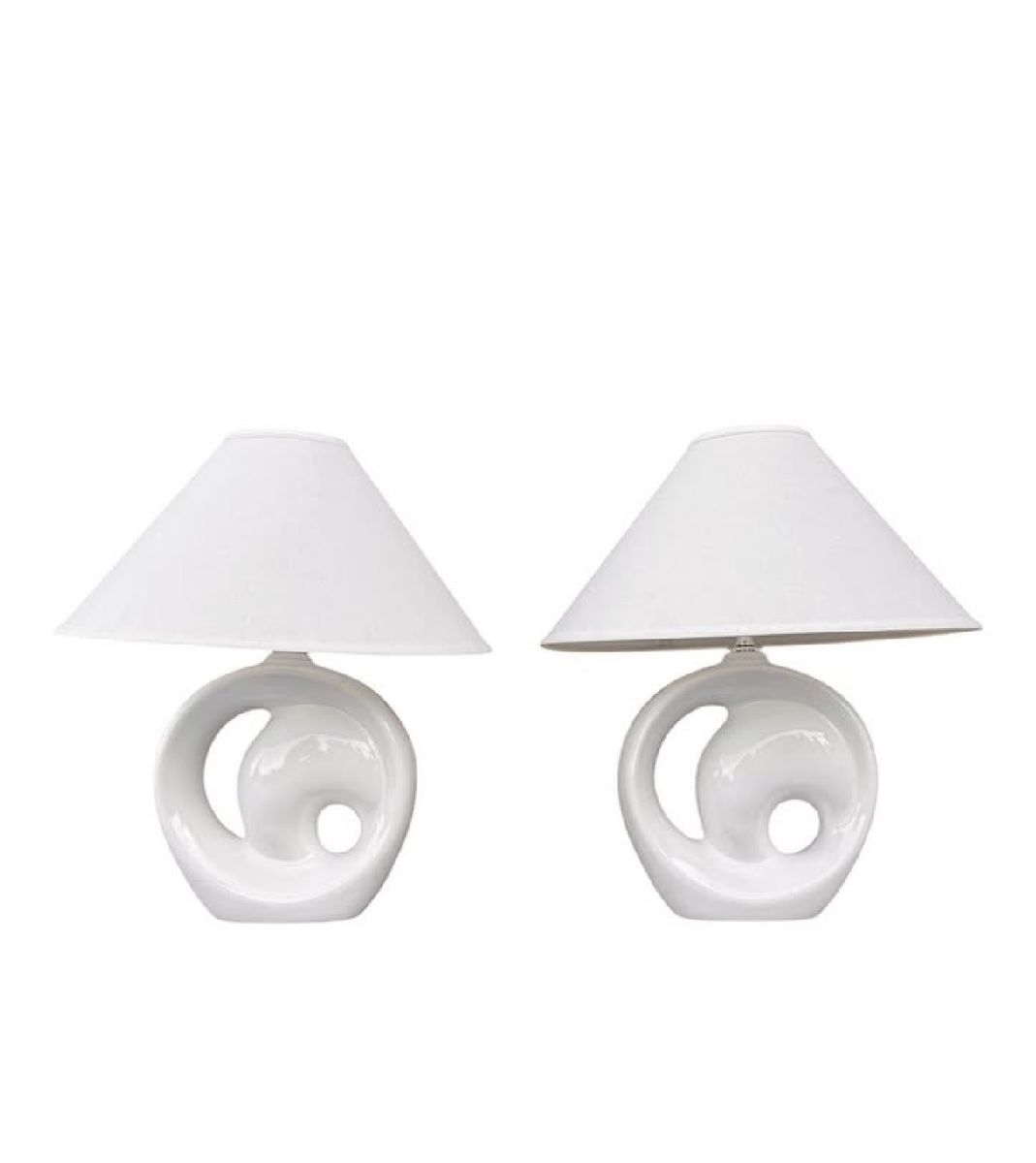 Pair of Vintage White Ceramic Abstract Swirl Accent Table Lamps with Shades