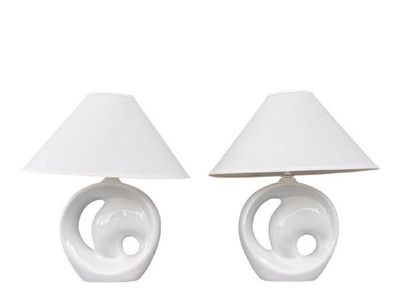 Pair of Vintage White Ceramic Abstract Swirl Accent Table Lamps with Shades