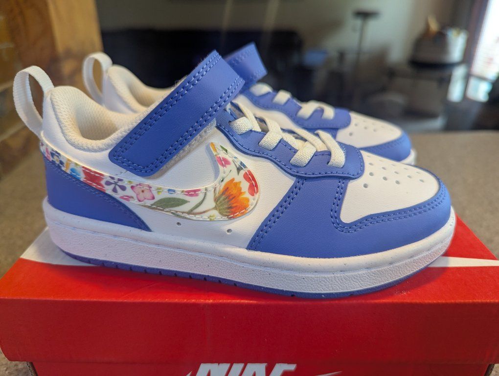 New Nike Court Borough Low PS Sneakers - White/Sapphire-Black Floral - Size 11c