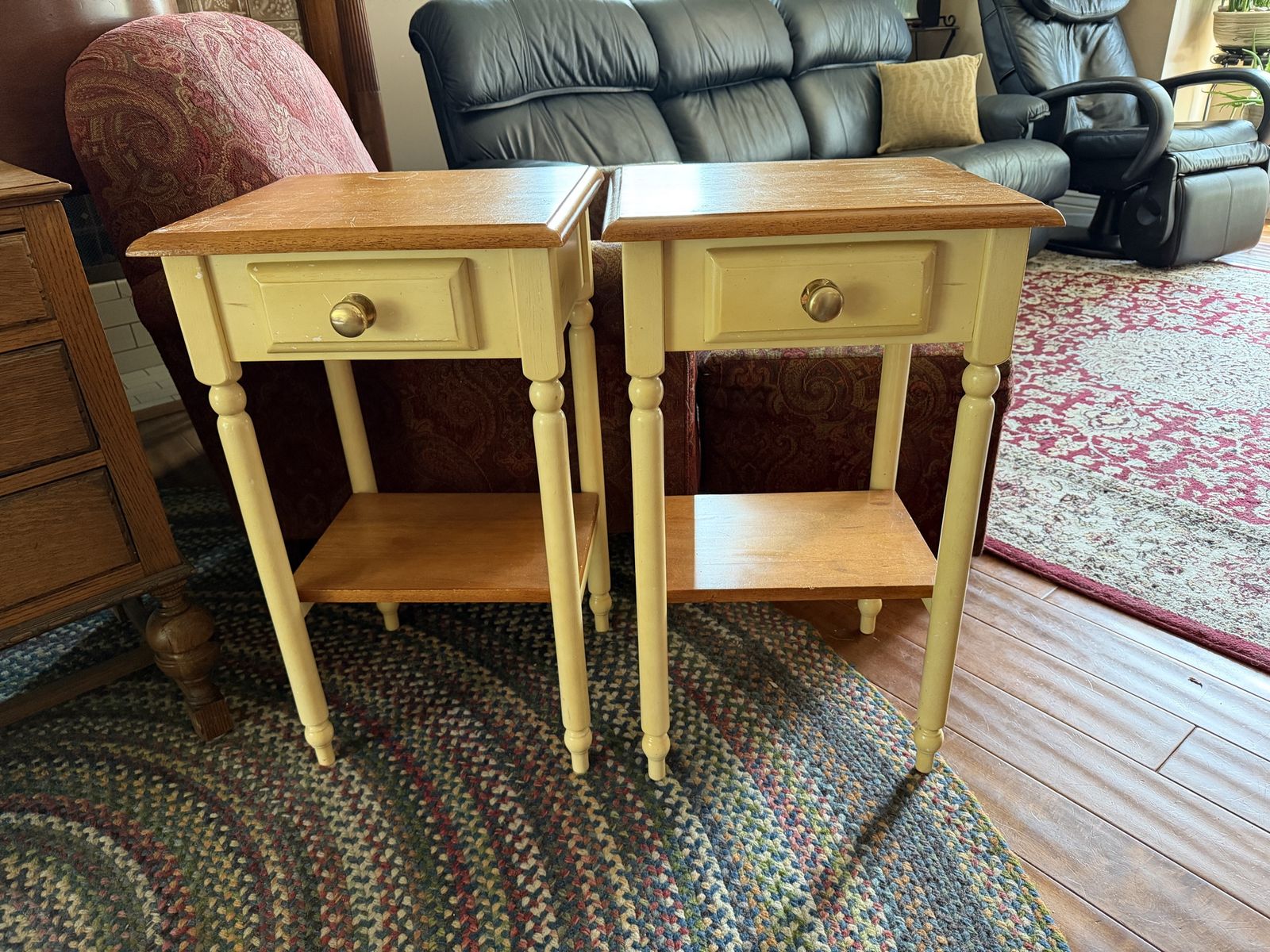 Pair of Vintage-Style Wood End Tables with Drawers and Shelves - Light Brown Tops, Cream Legs