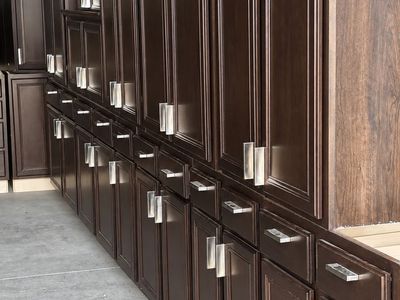 Dark Wood Kitchen Cabinet Set with Raised Panel Doors and Hardware
