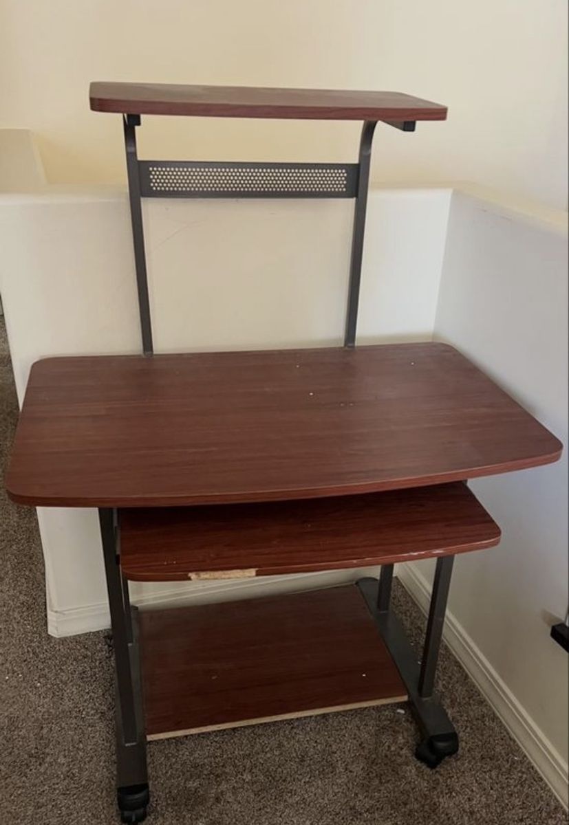Mobile Computer Desk with Keyboard Tray & Top Shelf - Dark Wood Grain & Metal Frame, on Casters