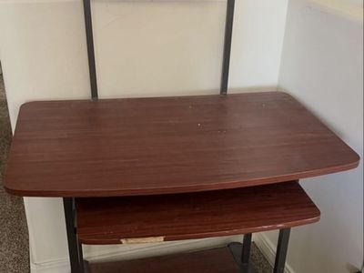 Mobile Computer Desk with Keyboard Tray & Top Shelf - Dark Wood Grain & Metal Frame, on Casters