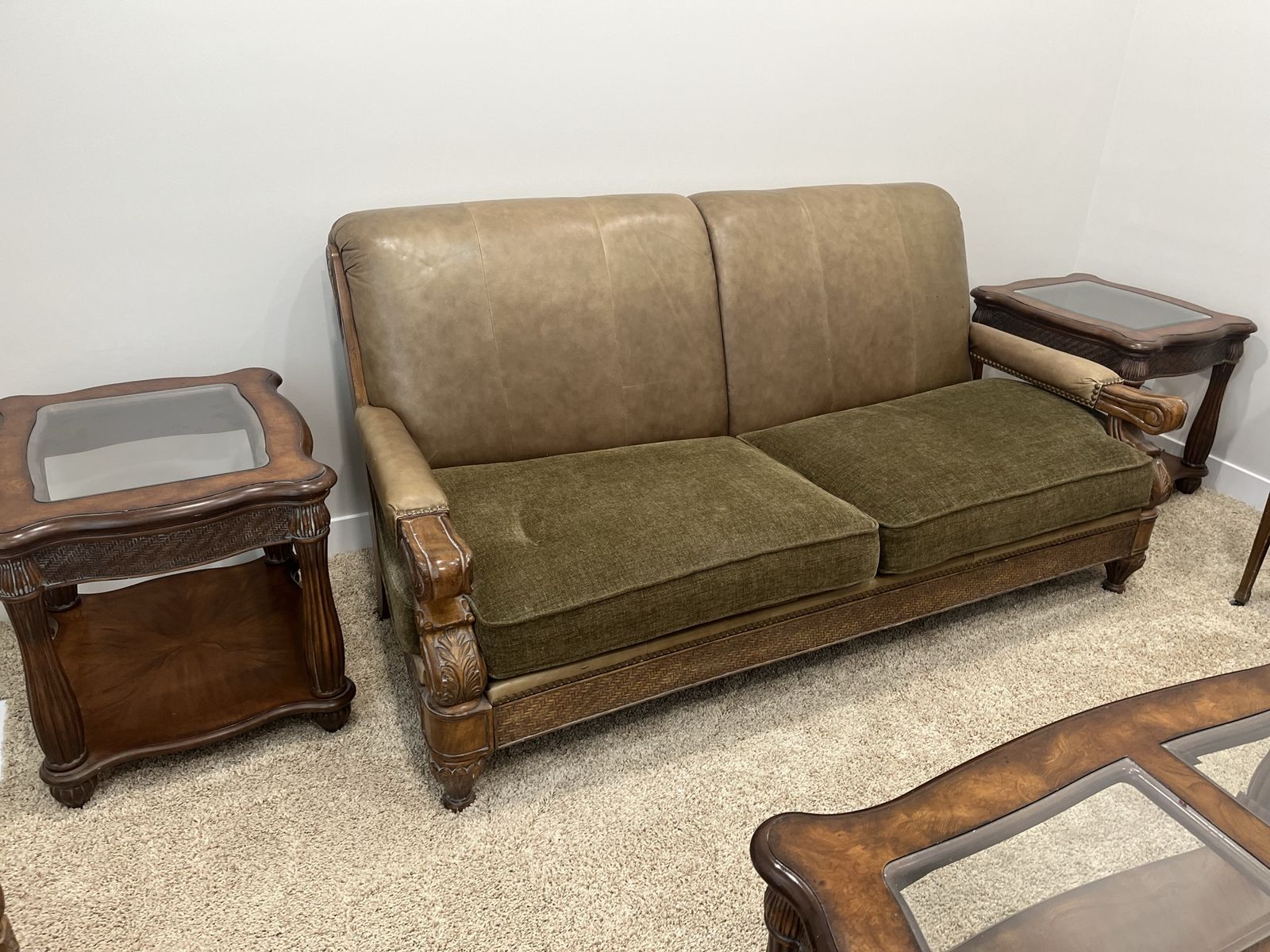 Vintage Style Leather and Fabric Loveseat with Carved Wood Accents - Green/Brown