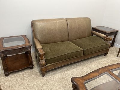 Vintage Style Leather and Fabric Loveseat with Carved Wood Accents - Green/Brown