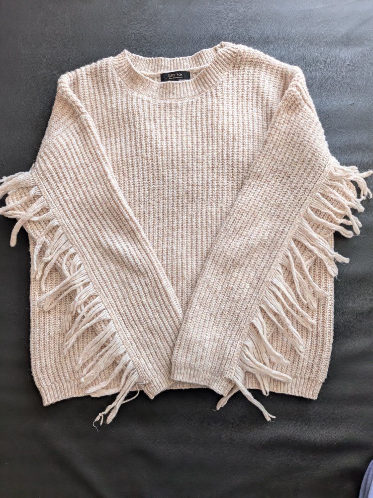 Witty Fox Beige Ribbed Knit Fringe Sleeve Sweater