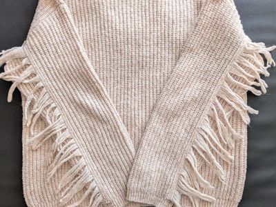 Witty Fox Beige Ribbed Knit Fringe Sleeve Sweater