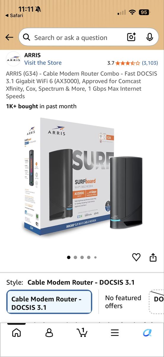 ARRIS SURFboard G34 DOCSIS 3.1 Gigabit WiFi 6 Cable Modem Router Combo AX3000 for Xfinity Cox Spectrum