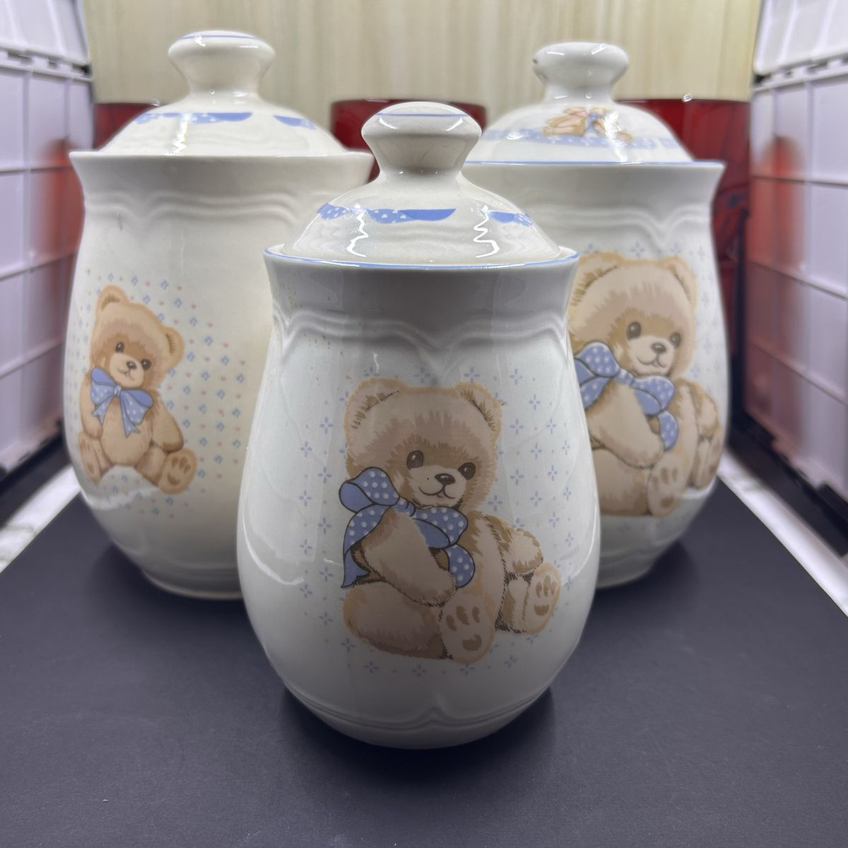 Vintage Ceramic Teddy Bear Canister Set - 3pc Kitchen Storage Jars, Blue Bow Accent