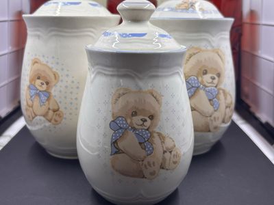 Vintage Ceramic Teddy Bear Canister Set - 3pc Kitchen Storage Jars, Blue Bow Accent