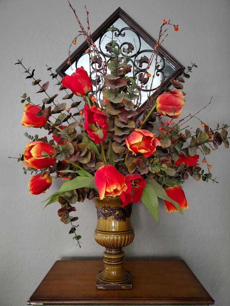 Large Artificial Tulip & Eucalyptus Floral Arrangement in Decorative Urn Vase