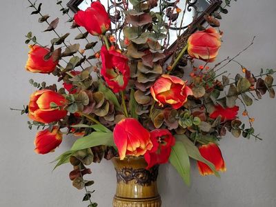Large Artificial Tulip & Eucalyptus Floral Arrangement in Decorative Urn Vase
