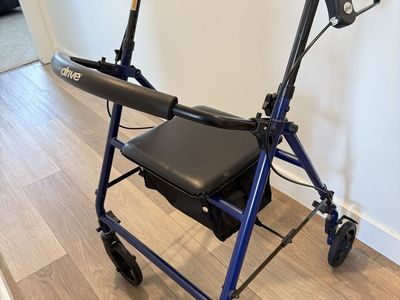 Drive walker 350 lb capacity ,under seat storage and brakes, folds up and comes apart in seconds.