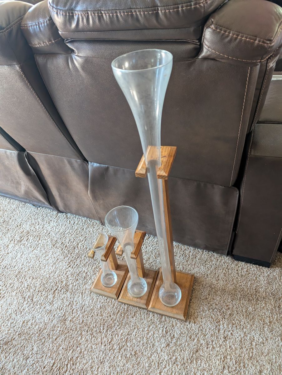 Set of 3 Vintage Yard of Ale Glasses with Custom Wooden Stands