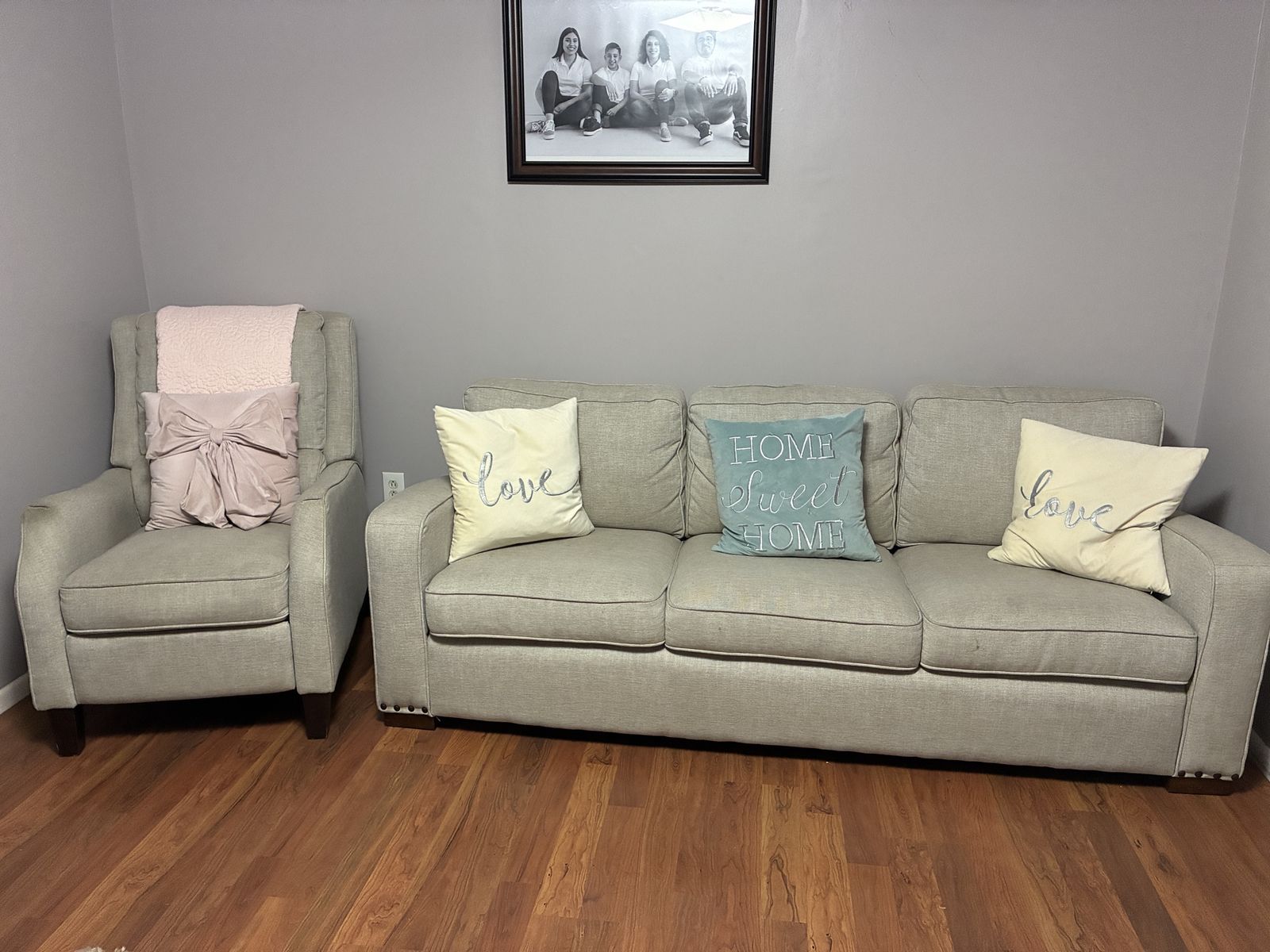 Light Gray Fabric Sofa and Matching Armchair Living Room Set with Nailhead Trim