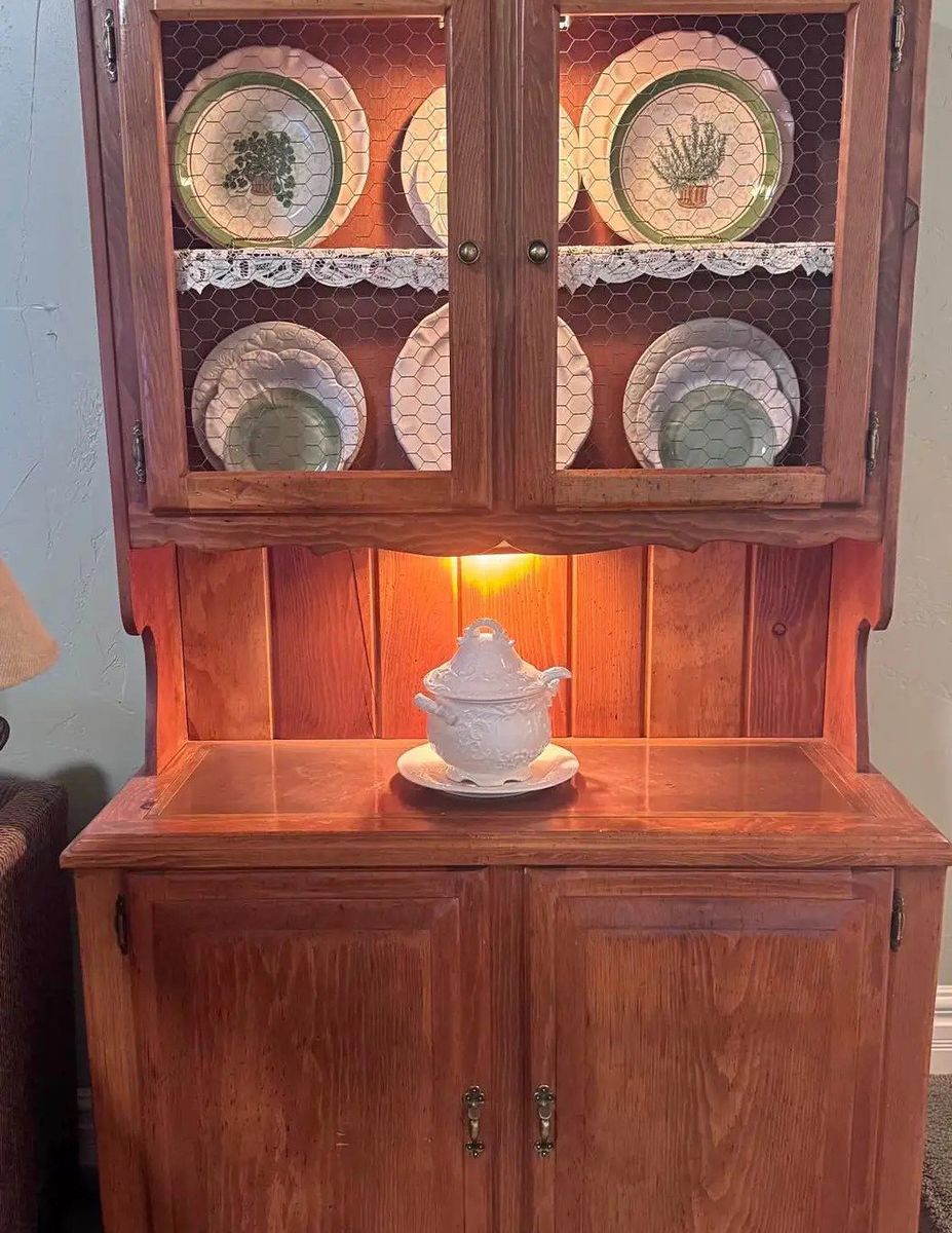 Rustic Wood China Cabinet Hutch with Chicken Wire Doors and Undermount Lighting