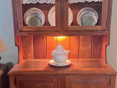 Rustic Wood China Cabinet Hutch with Chicken Wire Doors and Undermount Lighting