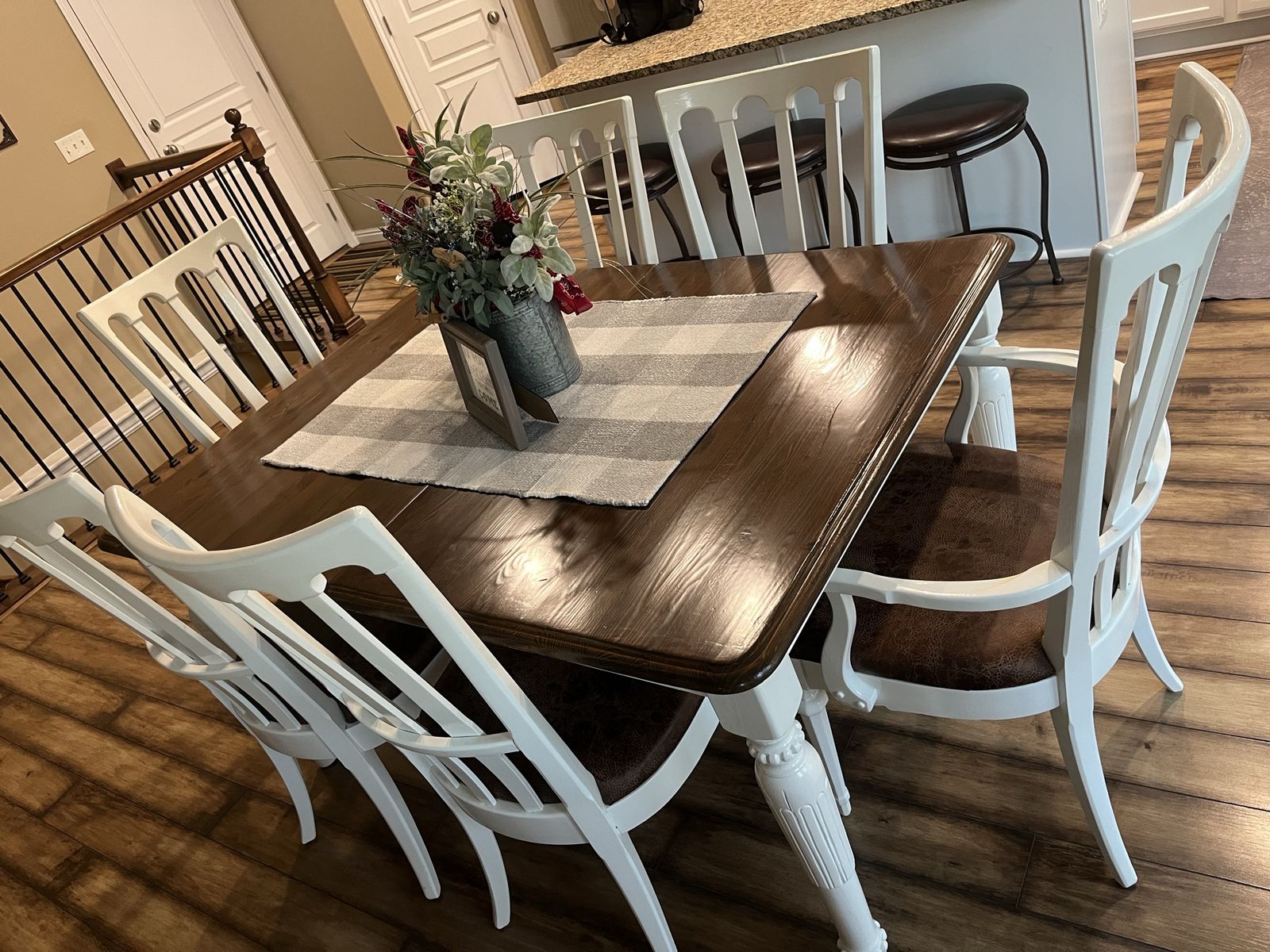 Farmhouse Style Dining Table with 6 Chairs - Dark Wood Top, White Legs, Brown Upholstery