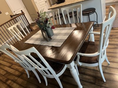 Farmhouse Style Dining Table with 6 Chairs - Dark Wood Top, White Legs, Brown Upholstery