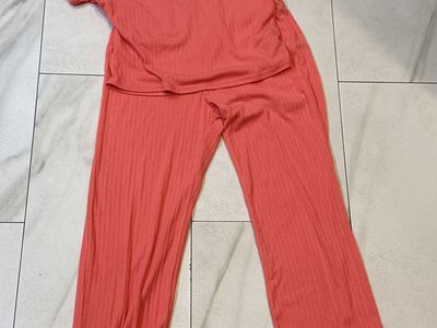 Ribbed Knit Short Sleeve Shirt & Wide Leg Pant Set - Coral Pink Lounge Wear Size 10-12