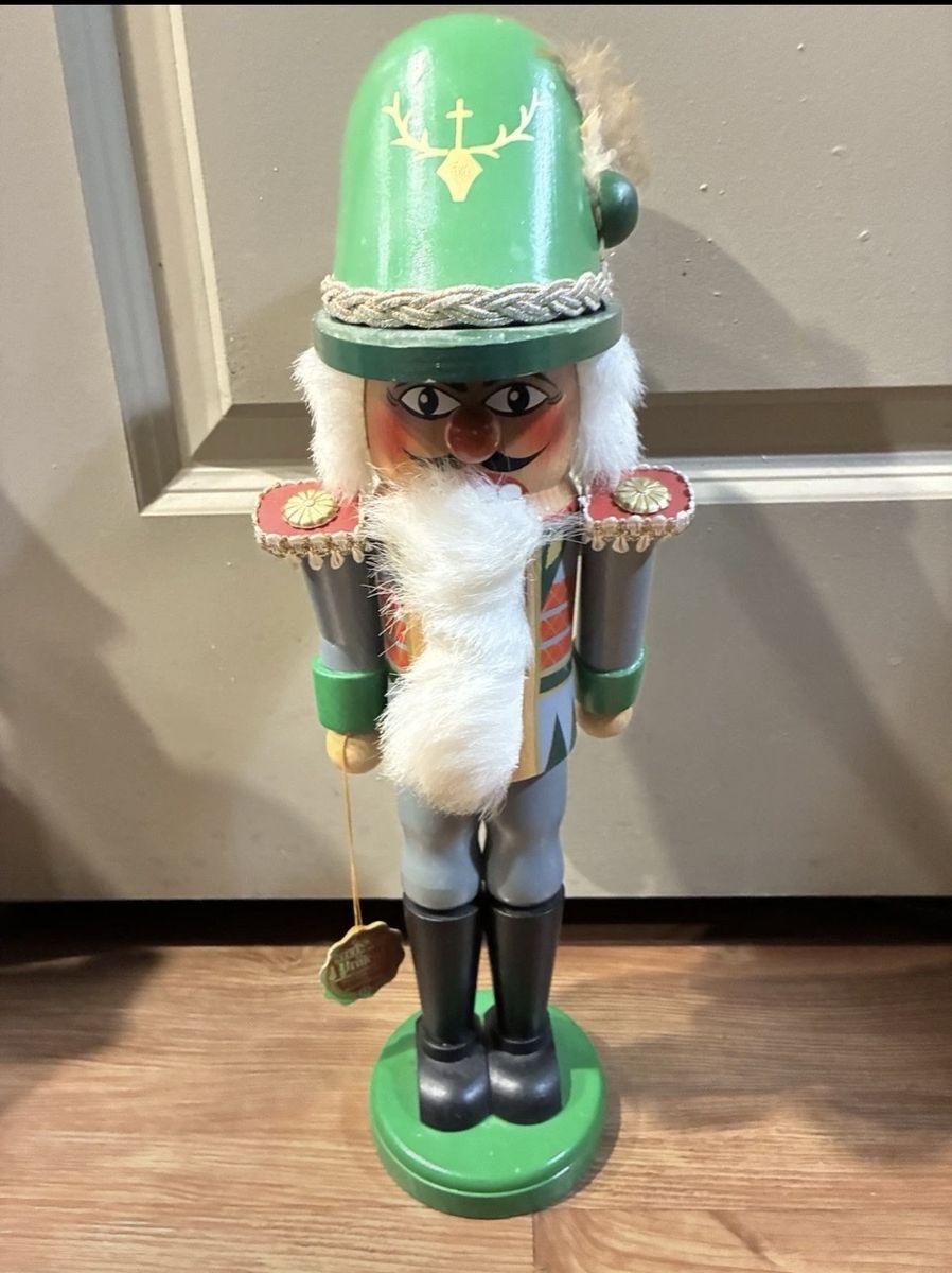 Vintage Wooden Christmas Soldier Nutcracker Green Hat 10 Inch