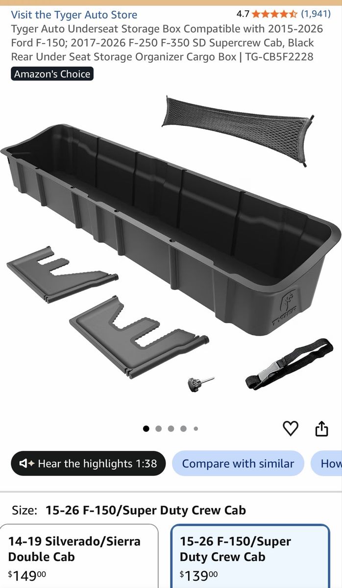 Underseat Storage Box for 15-26 Ford F-150/F-250/F-350 SD SuperCrew Cab, Black