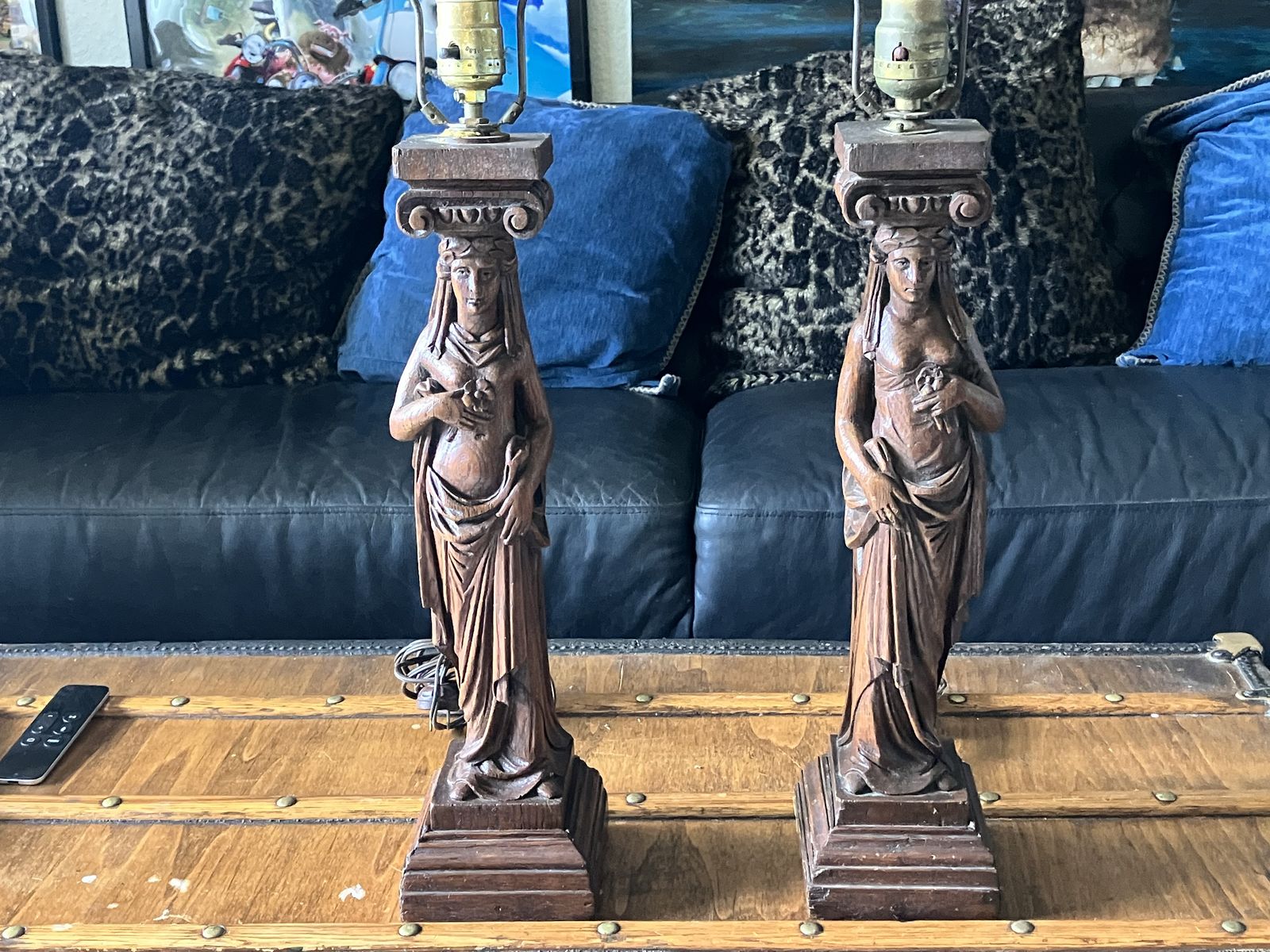 Vintage Hand-Carved Wood Caryatid Table Lamps - Pair, 20" Tall, Female Figure Design