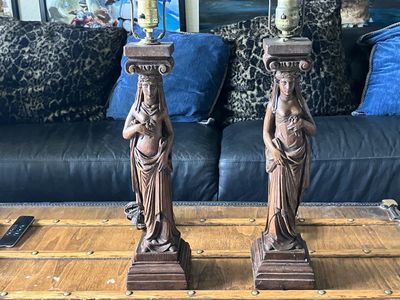 Vintage Hand-Carved Wood Caryatid Table Lamps - Pair, 20" Tall, Female Figure Design